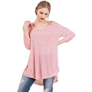 Umgee Shirred Sleeve Cold Shoulder Tunic, Pink